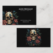 Carte De Visite Artiste de tatouage de crâne aux roses blanches et (Devant / Derrière)