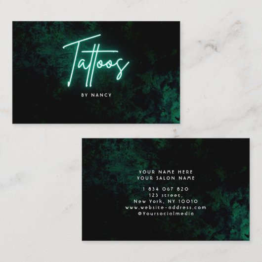 Carte De Visite Artiste de tatouage en néon vert (Devant / Derrière)