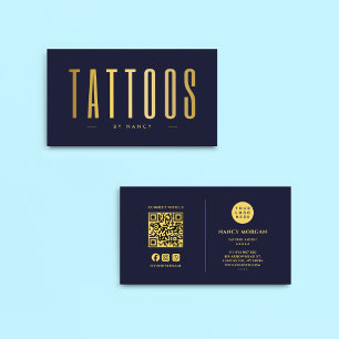 Carte De Visite Artiste de tatouage Marine Et Or QR Code & Logo