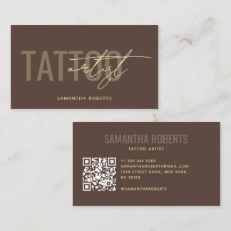 Carte De Visite Artiste de tatouage moderne tatoueur Code QR marro