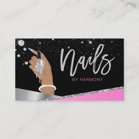 Carte De Visite Artiste de technologie de l'ongle Glam rose Silver (Devant)