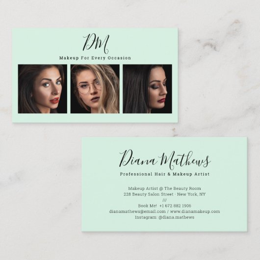Carte De Visite Artiste maquillage chic de collage photo vert ment (Devant / Derrière)