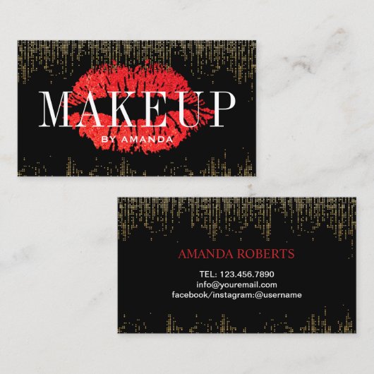 Carte De Visite Artiste maquillage des lèvres rouges Confetti d'or (Devant / Derrière)