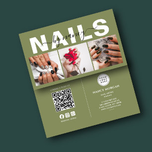 Carte De Visite Artiste Ongles 3 Photo QR Code Logo Vert Olive