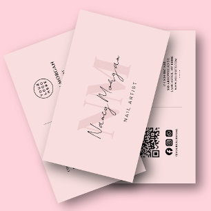 Carte De Visite Artiste Ongles Blush Rose Monogramme Code Qr Logo