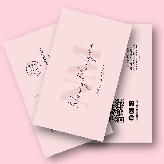 Carte De Visite Artiste Ongles Blush Rose Monogramme Code Qr Logo
