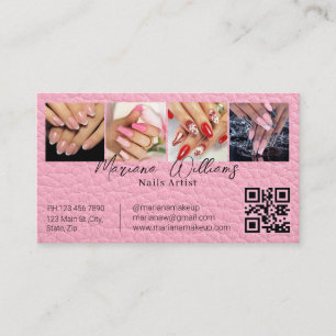 Carte De Visite artiste ongles code qr 4 photos collage cuir rose