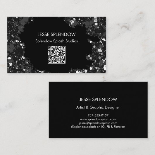 Carte De Visite Artistic Black Abstrait Paint Splatters QR Code (Devant / Derrière)