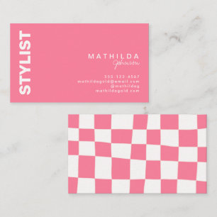 Carte De Visite Artsy en damier blanc rose Abstrait rétro 