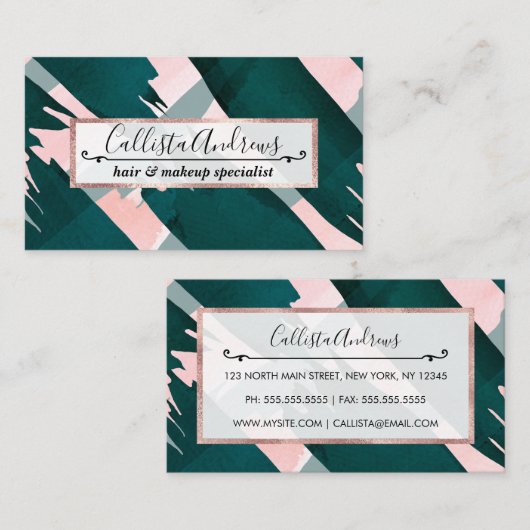 Carte De Visite Artsy Moderne Emerald Vert Brosse rose (Devant / Derrière)