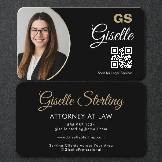 Carte De Visite Attorney at Law Black QR Code Gold Photo  