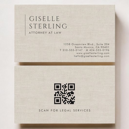Carte De Visite Attorney at Law Luxury Neutral Linen QR Code