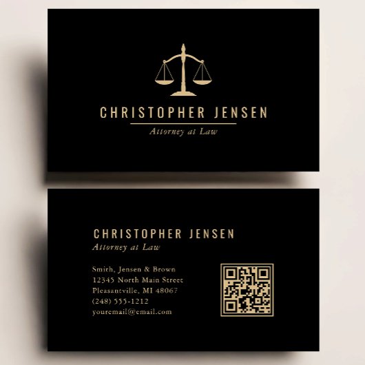 Carte De Visite Attorney QR Code Black Gold Scales Simple