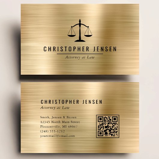 Carte De Visite Attorney QR Code Black Scales Gold Brushed Metal