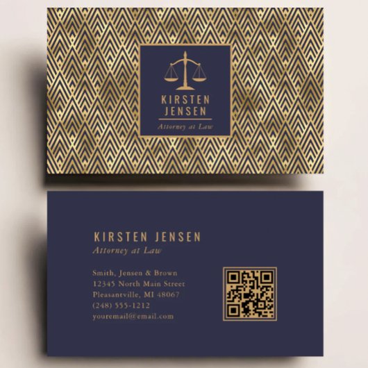 Carte De Visite Attorney QR Code Blue Gold Geometric Deco Pattern