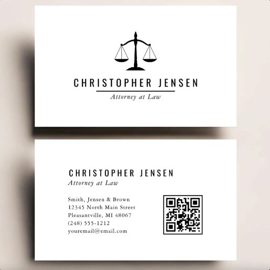 Carte De Visite Attorney QR Code White Black Scales Simple