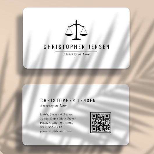 Carte De Visite Attorney QR Code White Black Scales Simple Rounded