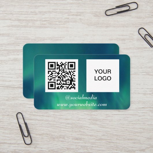 Carte De Visite Aurora Borealis Médias sociaux QR Code Vert (Devant/Arrière en situation)