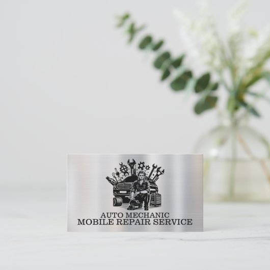 Carte De Visite Auto mécanique réparation automobile contact métal (Debout devant)