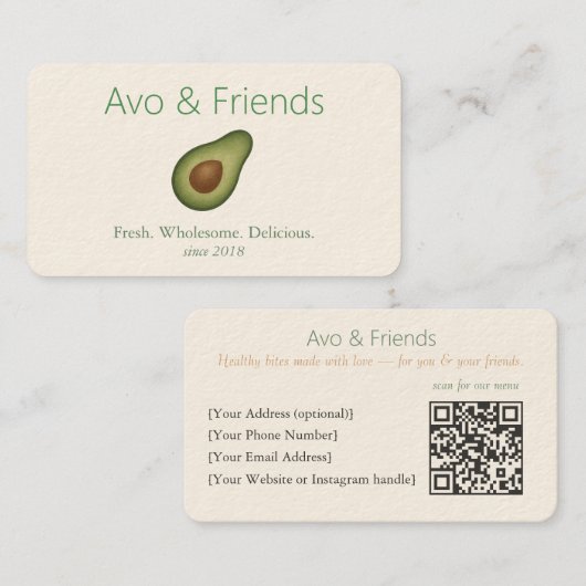 Carte De Visite Avo et amis | Logo Avocado Aliments sains - (Devant / Derrière)