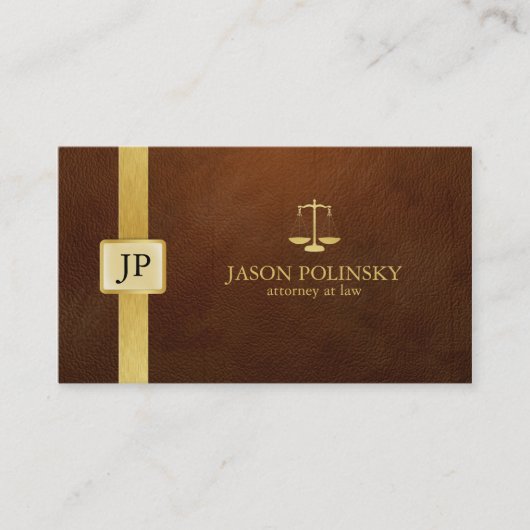 Carte De Visite Avocat Brown élégant de cuir et d'or (Devant)