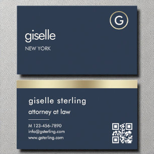 Carte De Visite Avocat de droit Marine Bleu QR Code or Monogramme