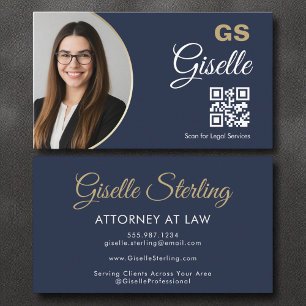 Carte De Visite Avocat de droit Marine Blue Gold Photo QR Code