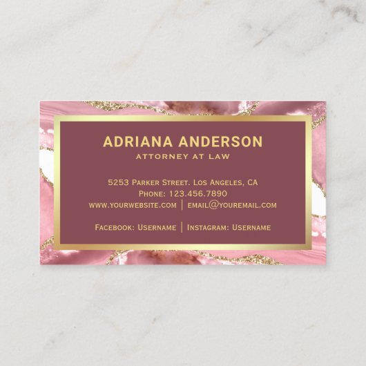 Carte De Visite Avocat de l'agent rose pâle Avocat Gold Pen Nib (Dos)