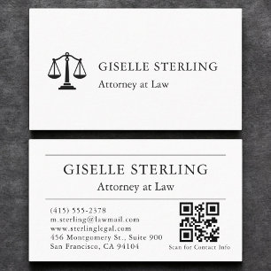 Carte De Visite Avocat moderne Droit QR Code Blanc Noir