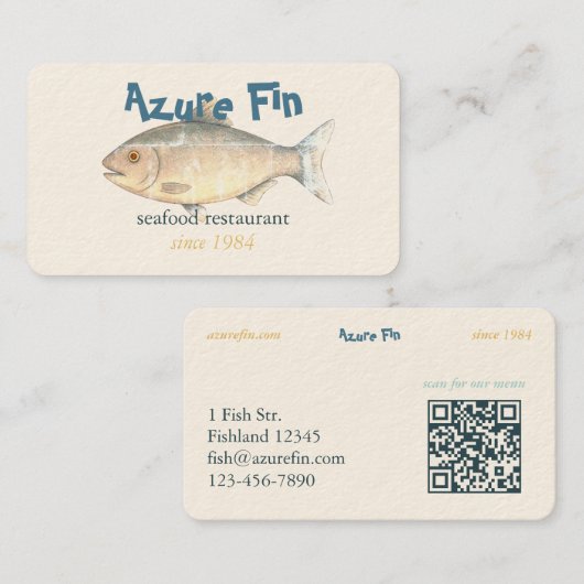 Carte De Visite Azure Fin Classic Fish Restaurant Code QR (Devant / Derrière)