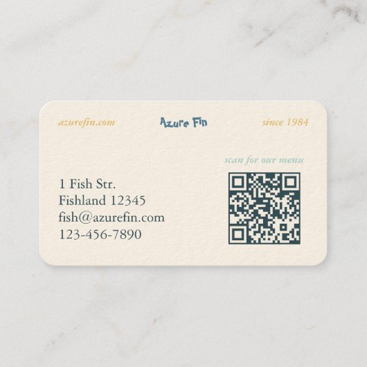 Carte De Visite Azure Fin Classic Fish Restaurant Code QR (Dos)