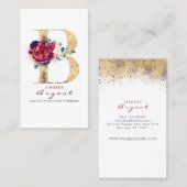 Carte De Visite B Monogramme Bourgogne Fleurs rouges et Faux Gold (Devant / Derrière)