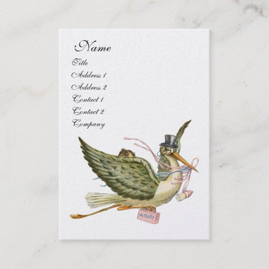 Carte De Visite BABY SHOWER STORK, papier perle blanche rose (Devant)