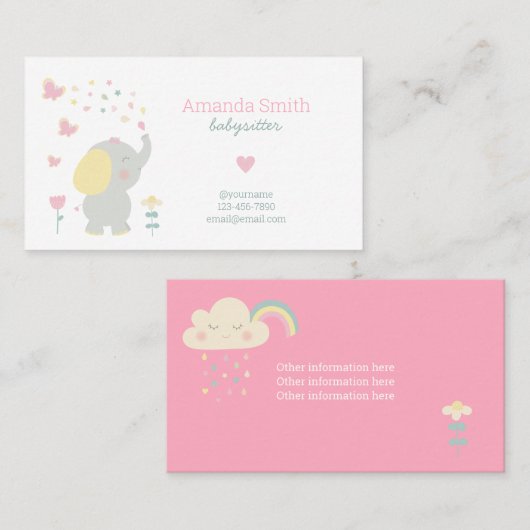 Carte De Visite Babysitter Cute Elephant Babysitting Service (Devant / Derrière)