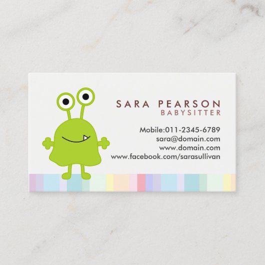 Carte De Visite Babysitter Cute Green Monster Alien Business Card (Devant)