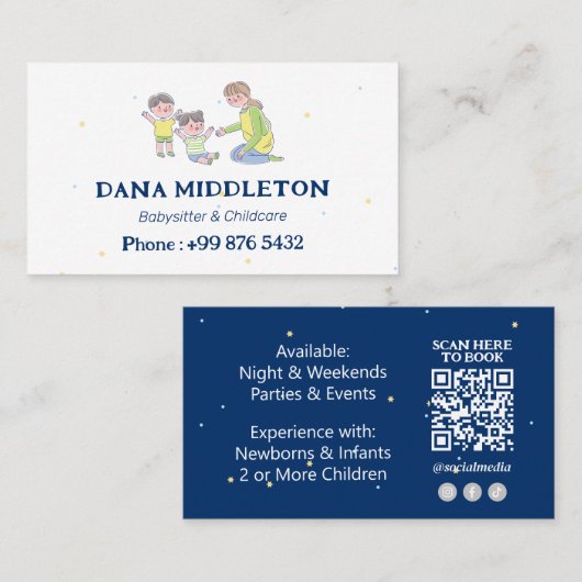 Carte De Visite Babysitter Professionnel | Bleu marine (Devant / Derrière)