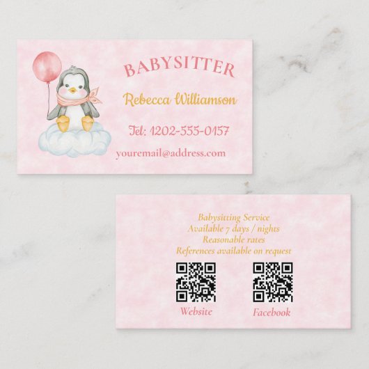 Carte De Visite Babysitter QR Code mignon Penguin rose (Devant / Derrière)
