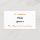 Carte De Visite Babysitter rose de silhouette d'or de bonne (Dos)