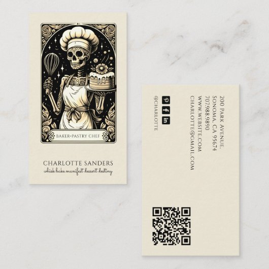 Carte De Visite Baker Skeleton Sepia Tarot Aesthetic QR Code (Devant / Derrière)