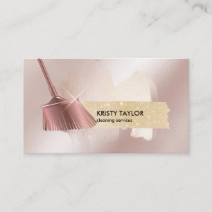 Carte De Visite balai de nettoyage moderne logo or rose