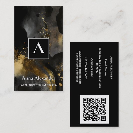 Carte De Visite Balayage Primordial | Design Abstrait Or Noir (Devant / Derrière)