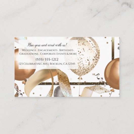 Carte De Visite Balloirs Parties scintillant or Planificateur d'év (Dos)