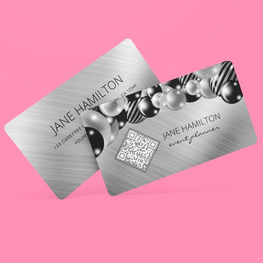 Carte De Visite Ballons élégants QR Code Argent
