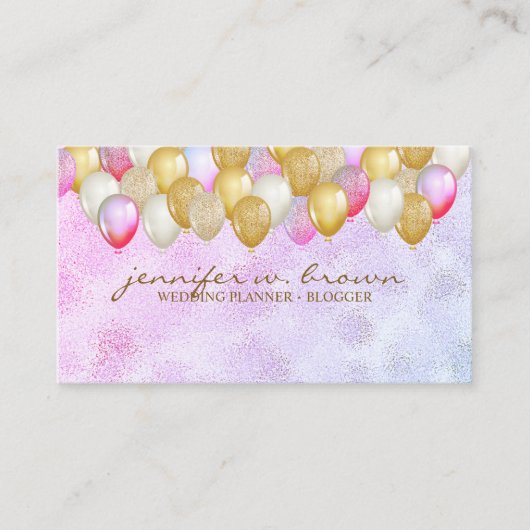 Carte De Visite Balloon Party Planner or rose violet (Devant)