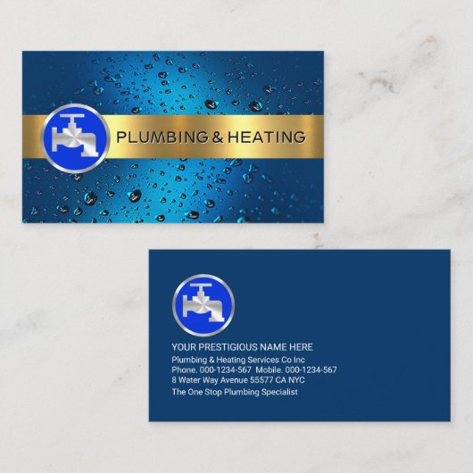 Carte De Visite Bande D'Or Sur Bleu Boutons D'Eau (Devant / Derrière)