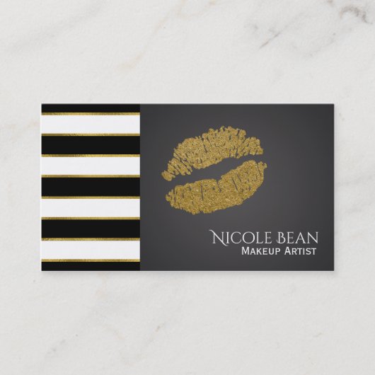 Carte De Visite Bandes noires et blanches Moderne Faux Gold Lips B (Devant)