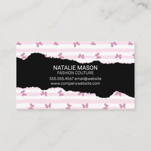 Carte De Visite Bandes roses | Papillons de Parties scintillant |  (Dos)