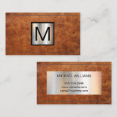 Carte De Visite Bannière métallique monogramme | Cuir Brown pointu (Devant / Derrière)