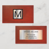 Carte De Visite Bannière métallique monogramme | Cuir rouge pointu (Devant / Derrière)