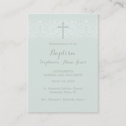 Carte De Visite Baptême Bleu Opale Délicat Dentelle Florale (Devant)